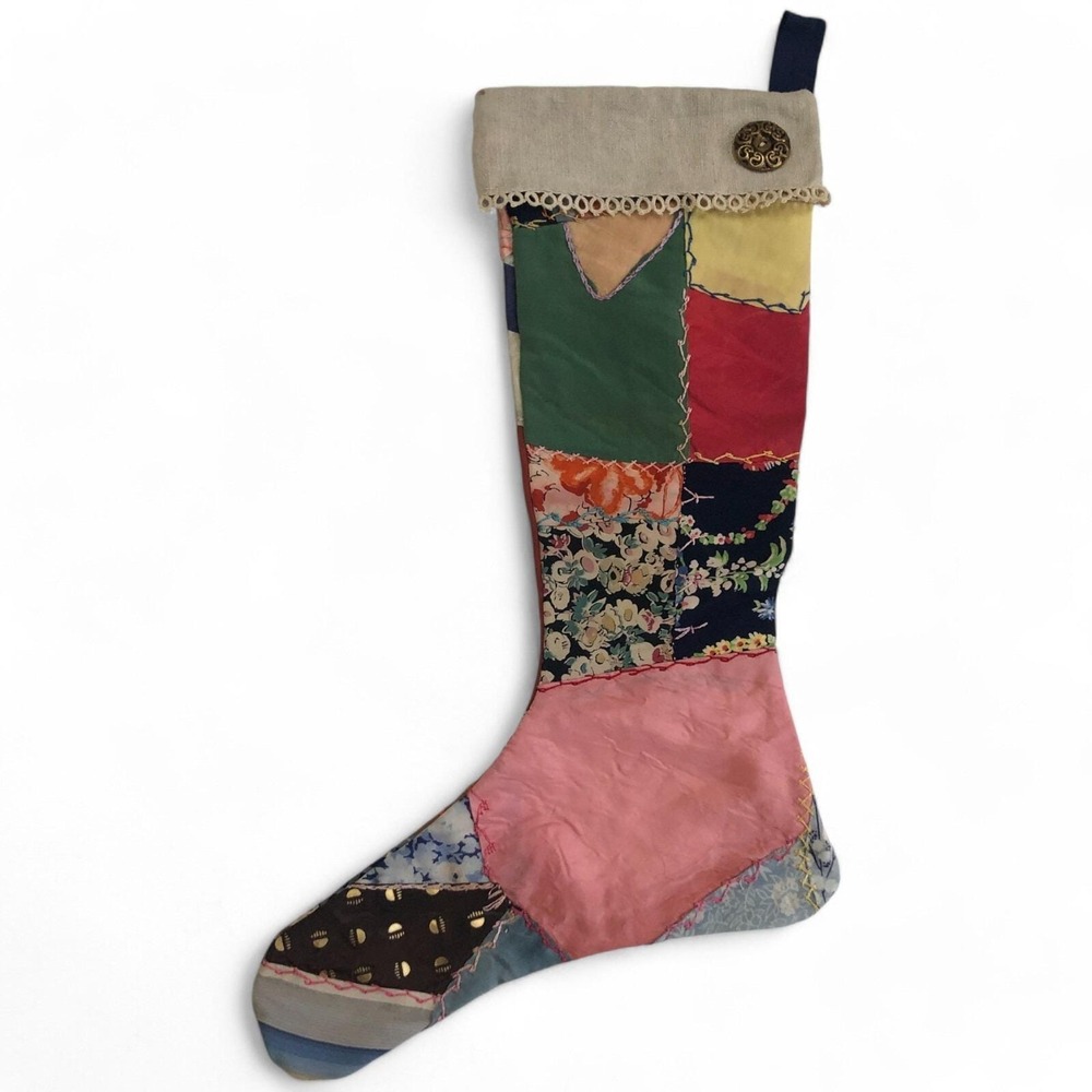 Christmas Stocking Antique Vintage Crazy Quilt Cutter Button Red Green Blue